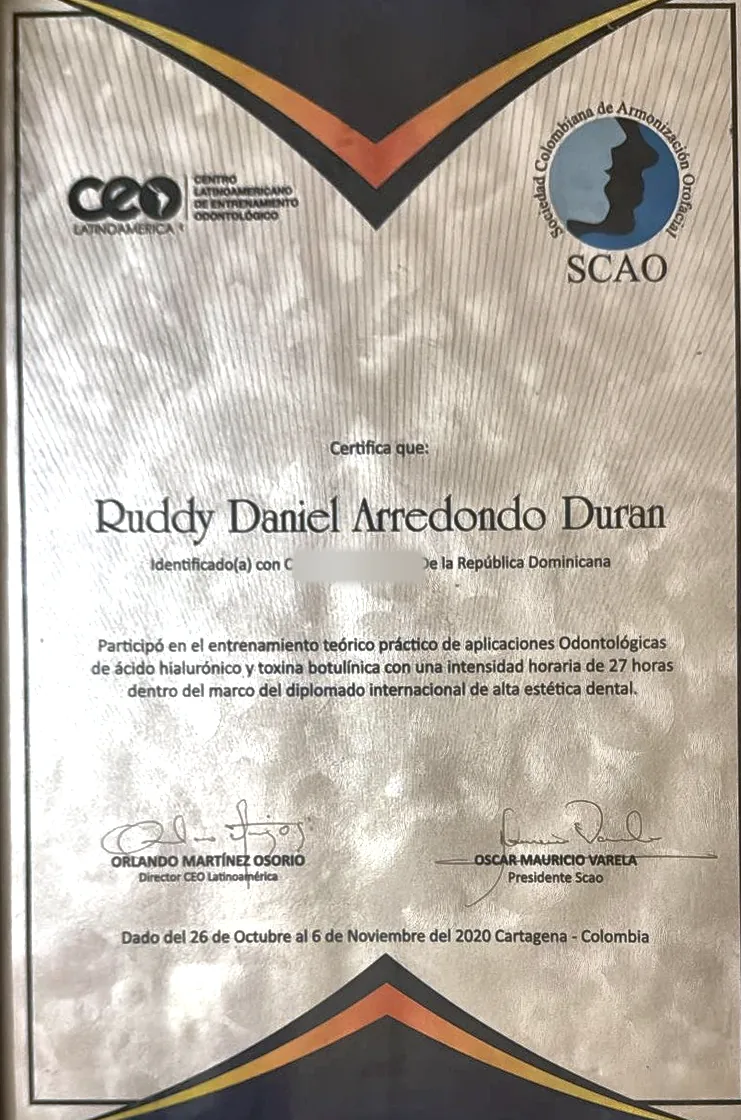 Orofacial harmonization training certificate, CEO Latinoamérica and SCAO, 2020, ID number covered